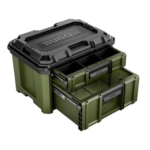 Image of BUNKER Load-Up Stacking Tool Box - 570mm – 2 Drawer Organiser - Heavy-Duty Impact-Resistant Tool Chest – Smooth Auto Lock, Ball Bearing Drawers, Modular Tool System – Workshop or Van Storage Drawers