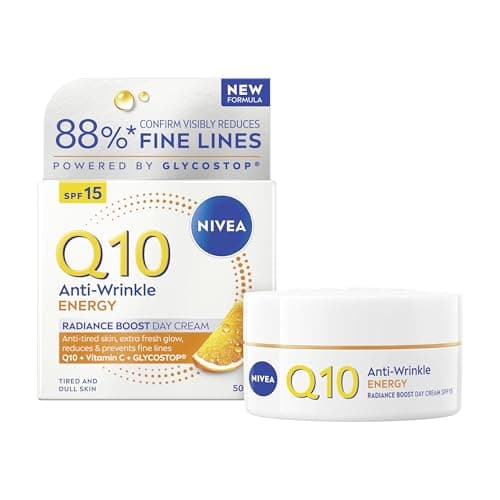 Image of NIVEA Q10 Anti-Wrinkle Energy Radiance Boost Day Cream SPF 15 (50ml), Anti-Wrinkle Moisturiser with Vitamin C for Glowing Complexion, Firms Skin and Reduces Fine Lines