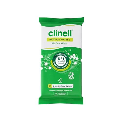 Image of Clinell Universal Biodegradable Cleaning and Disinfectant Wipes for Surfaces - Pack of 60 - Plastic Free - Multi-Purpose Wipes, Kills 99.99% of Bacteria & Viruses, Neutral Scent
