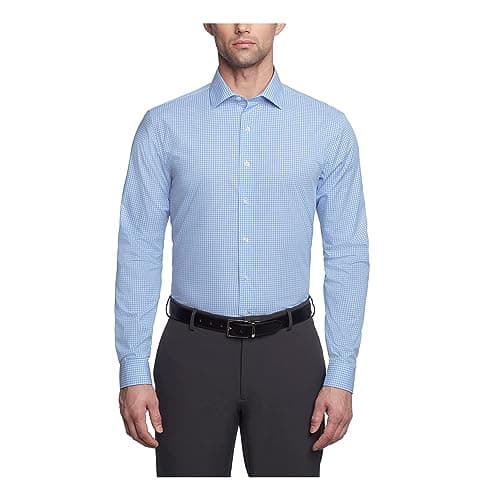 Image of UNLISTED Kenneth Cole Men's Dress Shirt Slim Fit Checks and Stripes (Patterned), Light Blue, 17"-17.5" Neck 36"-37" Sleeve