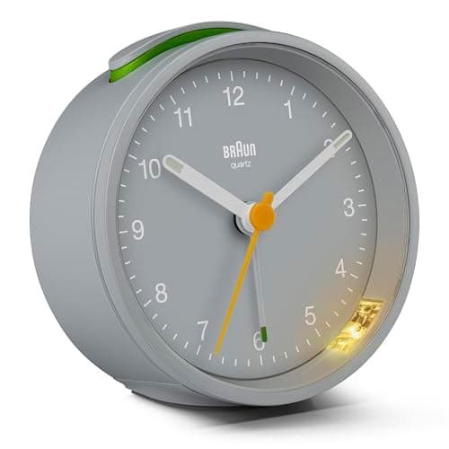 Image of Braun Classic Analogue Alarm Clock with Snooze and Light, Quiet Quartz Movement, Crescendo Beep Alarm in Grey, model BC12G.