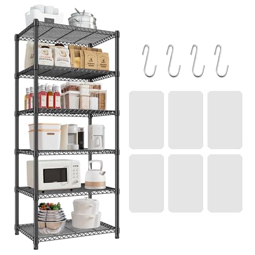 Image of Wooruy 6-Shelf Storage Unit With Height Adjustable Shelves and Levelling Feet,6 Tier Shelving Unit,Metal Storage Shelf for Kitchen Hallway Bathroom Living Room,Black (60D x 45W x 183H)