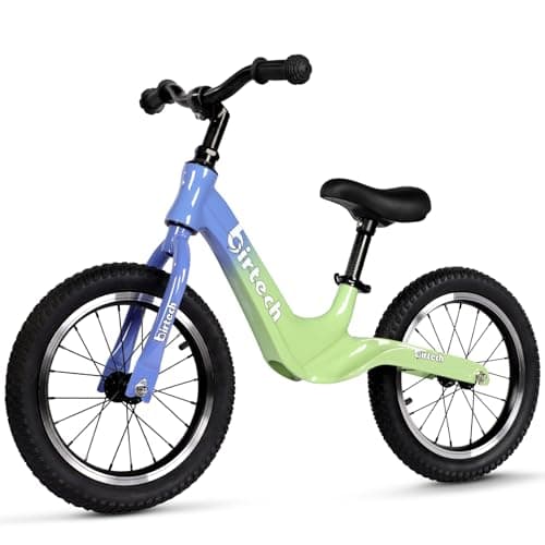Image of 14" Balance Bike for Boys and Girls, Air Tires with Magnesium Alloy Frame, Lightweight No Pedal Kids' Bike for 3-6 Years Old, Training Bike with Adjustable Handlebar and Seat (Green&Blue, Air Tire)