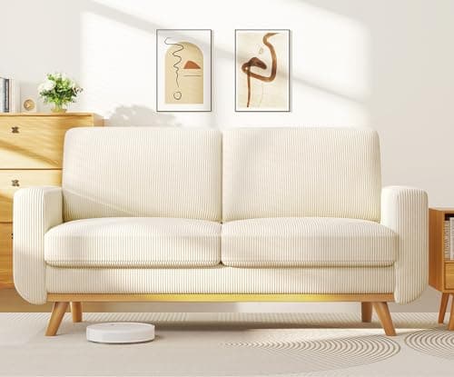 Image of Vesgantti 172cm Loveseat Sofa Beige, Comfy Corduroy Couch with Spring Cushion, 2 Seater Sofa with Solid Wood, Sofa Couch with Deep Seat, Sofa for Bedroom, Loveseat for Living Room, Beige Office Couch