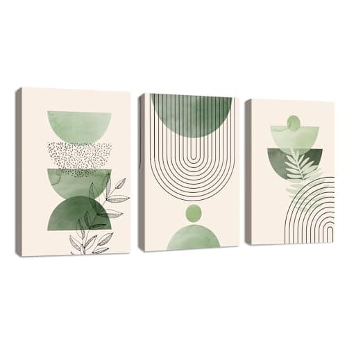 Image of 3 Panels Framed Sage Green Canvas Wall Art, Modern Aesthetic Green Plant Wall Art Boho Home Decor Poster Canvas Painting Wall Decor for Bedroom Living Room Office Ready to Hang 50cmx70cmx3 Pcs