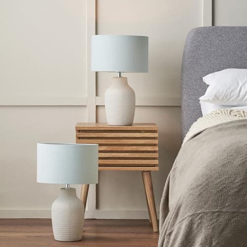 Image of Pacific Lifestyle Duo of Kai Duck Egg Textured Ceramic Table Lamp | Set of 2 Soft Blue Scandi Bedroom Lamps | Textured Nordic Line Pattern Table Lamp Complete with Shade