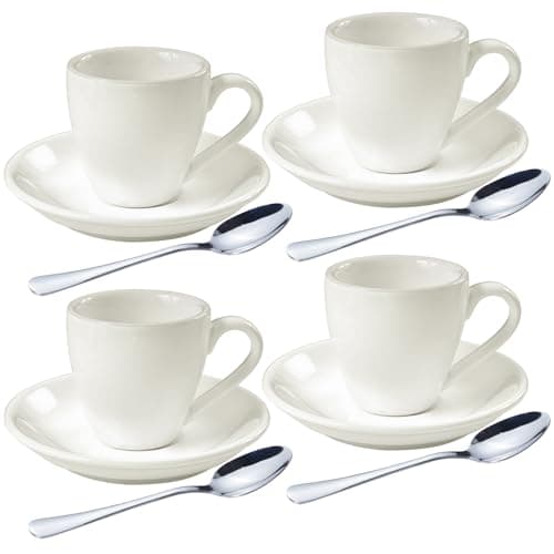 Image of homEdge Set of 4 White Porcelain Espresso Shot Cups with Saucers and Stainless Steel Spoons 80ml