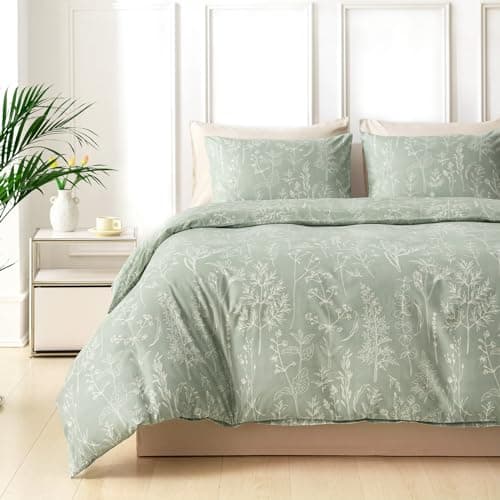 Image of Tokokimo Sage Green King Size Duvet Cover Sets - Floral King Size Bedding Sets, Green Duvet Set Kingsize Duvet Cover with 2 Pillowcases, Soft Microfiber Bedding Sets 230x220 cm,