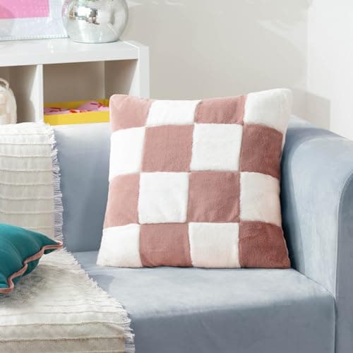 Image of furn. Heya Home Cozee Check Faux Fur Cushion – Ultra-Soft Checkerboard Design Polyester Filled (Pink – 50 x 50 cm, Pack of 1)