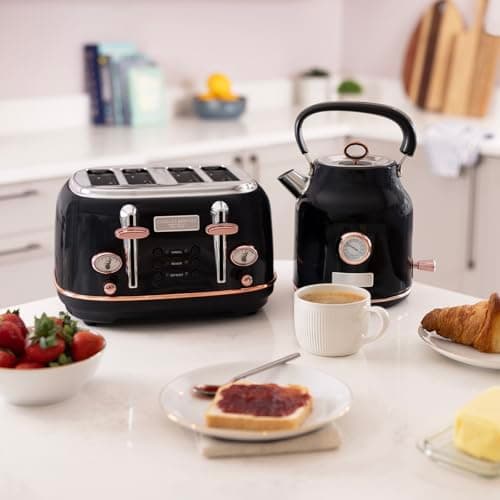 Image of CHARLES BENTLEY Kettle And Toaster Set, 1.7 Litre Kettle, & 4 Slice Toaster Set, Black and Gold Coloured, Fast Boil, 360 Degree Swivel Base, Removable Water Filter, Non Slip Feet (60x35x26cm)