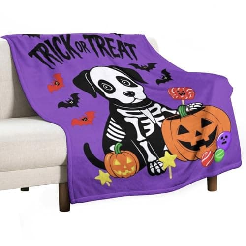 Image of Throw Blanket Halloween Skull Dog Trick Or Treat Sofa Blanket Decorative Fluffy Travel Blankets, For Adult, Bed, Indoors, 150x200cm