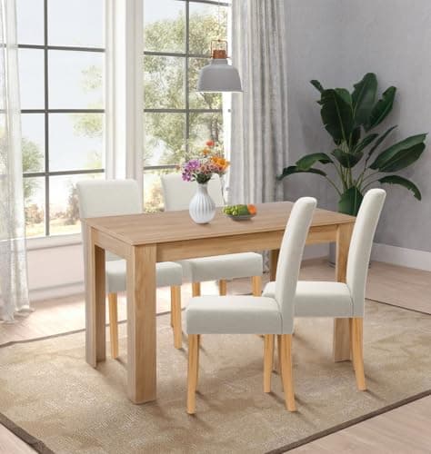 Image of Hallowood Furniture Newquay Oak Dining Table and Chairs Set 4, 120cm Fixed Top Dining Room Table and Chairs in Straight Back Upholstered Beige Fabric, Dining Room Sets for Home and Café