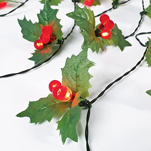 Image of The Christmas Workshop 89380 20 Holly Sprigs with 60 LED Lights / Unique Holly Leaf and Berry String Lights / Battery Operated / Traditional Indoors Christmas Decoration