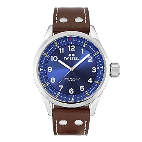 Image of TW Steel Swiss Volante Mens 45mm Quartz Watch with Blue Dial Brown Leather Strap, and Date Calendar SVS102