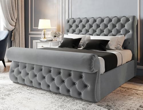 Image of Furnishion Sworn Sleigh Super King Bed Frame, 6ft Super King Size Bed, Luxury Plush Velvet Upholstered Panelled Design, Strong Wooden Beds Frame 6ft Size with High Headboard in Silver Plush