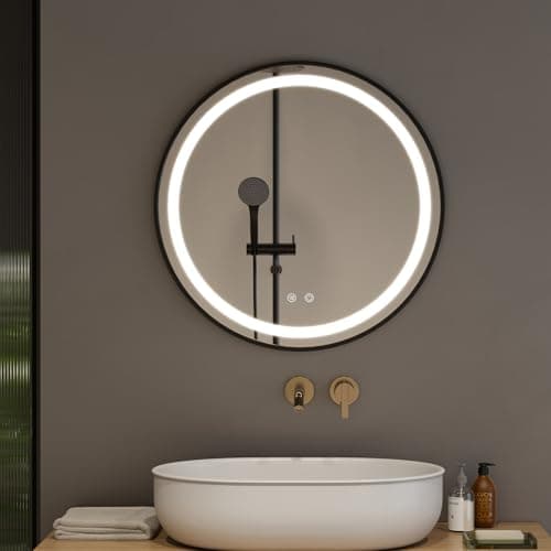 Image of Warmiehomy Round Bathroom Mirror with Lights,50cm Illuminated LED Bathroom Mirror with Dimmable Light Demister Pad Touch Switch,Black