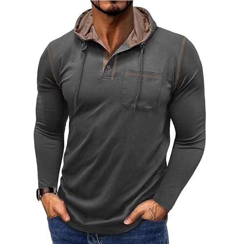 Image of Halfword Mens Hoodies Long Sleeve Button Neck T Shirts Casual Sport Sweatshirts Athletic Hooded Jumpers Dark Grey 3XL