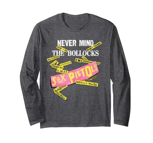 Image of Sex Pistols Official Never Mind The Bollocks Tabs Long Sleeve T-Shirt, Adult Unisex, Dark Heather Grey, Medium