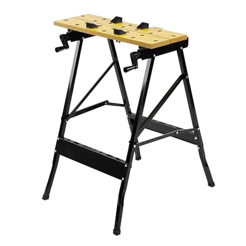 Image of Foldable Work Bench - Portable Wood Bench for Work, Clamping, Painting, Cutting Folding Worktop Table - Multifunctional Workshop Workbench Table | Heavy Duty Steel Frame, Solid Steel & MDF Board