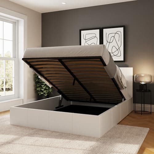 Image of GFW Classic Leather Upholstered Ottoman Storage Bed Gas End Lift & Under Bed Storage, Small Double, Faux Leather, White