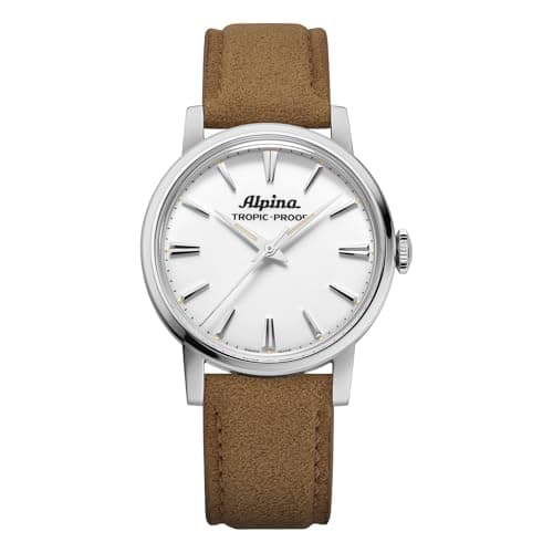 Image of Alpina Men's Heritage '1965' Tropic Proof Handwinding Swiss Made Leather Strap Watch, Sapphire Crystal, 34.5mm, 30mm Water Resistant, White Dial