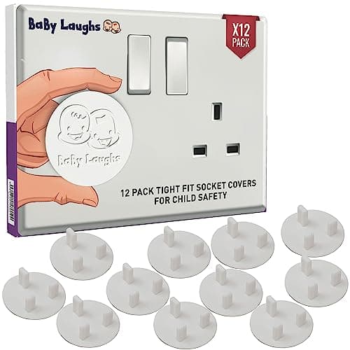 Image of BaBy Laughs Plug Socket Covers UK for Baby Proofing - 12 Pack Tight Fit Waterproof Wall Socket Protector Set for Indoor Outdoor Use, White Electric Socket Cover for Child Safety