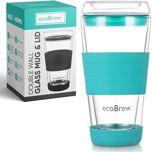 Image of ecoBrew Glass Reusable Coffee Cups | Double Walled Insulated Cup for Hot and Cold Drinks | 16oz / 450ml Eco-Friendly Travel Coffee Mug with Secure Silicone Lid | Bright Aqua