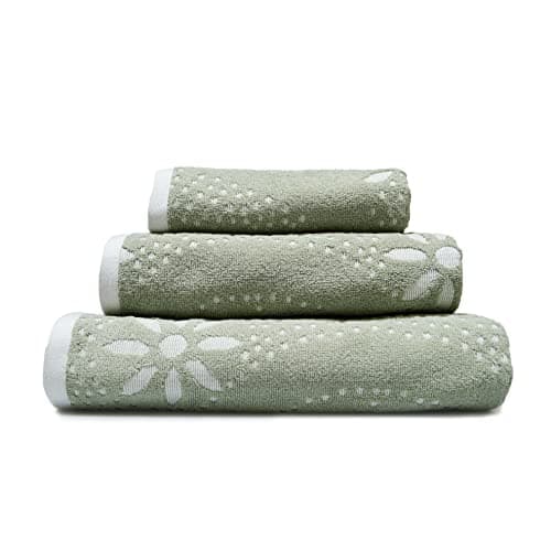 Image of Allure Floral Geo Design Pack of 2 Bath Towels 70 x 125cm - 100% Cotton Patterned Jacquard Bathroom Towels (Sage Green)