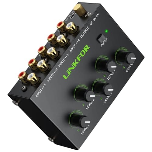 Image of LiNKFOR 4-Channel Powered RCA Mixer with Gold-Plated Ports, Stereo Audio Mixer, Stereo Mixer, Professional Audio Mixer, Compact Mini Audio Mixer, Hi-Fi Active RCA Mixer for Studio, DJ, Home Cinema