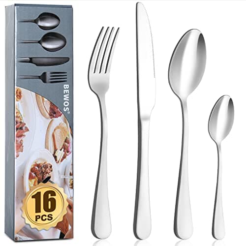 Image of Cutlery Set, BEWOS 16 Piece Stainless Steel Matt Silver Flatware Set, Tableware Silverware Set with Spoon Knife and Fork Set, Service for 4, Dishwasher Safe/Easy Clean