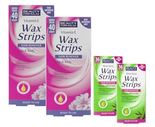 Image of Beauty Formulas Wax Strips -152 Strips | Aloe Vera x 72 & Vitamin E x 80 –– Hair Remover for Face, Bikini Line, Legs, Arms, Underarms & Body – For All Skin Types