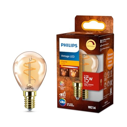 Image of Philips Vintage Amber Spiral P45 Bulb, Dimmable, Flicker-Free, EyeComfort, 180 Lumen, Flame (1800 K), 2.7 W=15 W, E14 Base, 1-Pack