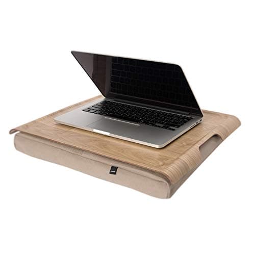 Image of Bosign Laptray with bean bag cushion. Portable Lap desk for Laptop, Breakfast, Dinner. Washable, removable cushion cover. Natural Willow wood. Brown cushion. LARGE (46x38x6,5 cm)