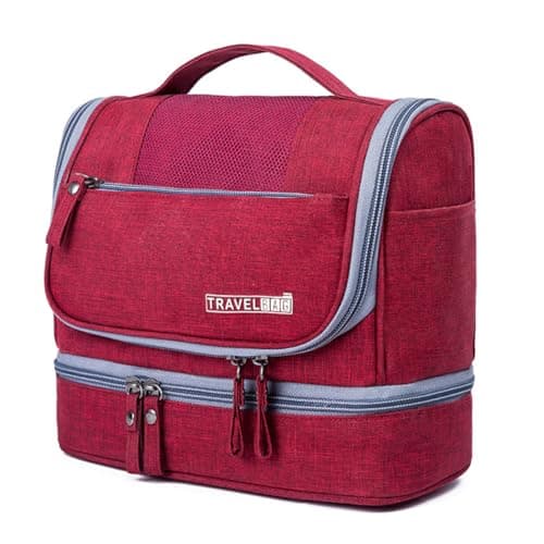 Image of FAVORTALK Hanging Toiletry Bag Red Travel Bag for Toiletries Large Wine Wash Bag Waterproof Cosmetic Organizer for Men Women Zippered Shower Bathroom Bags 9.8x3.9x6.7 Inch - XSB12106