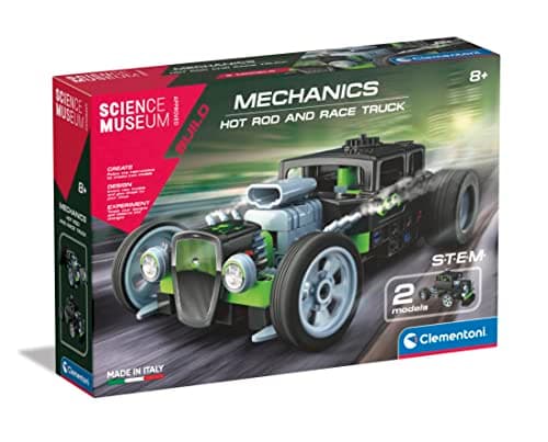 Image of Clementoni- Science Museum Mechanics: Hot Rod & Rocket Truck Building Set, 2 Models in 1, Moving Gears, STEM Learning Toy for Kids (8+ years)