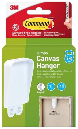 Image of Command Jumbo Canvas Hanger Hook, Pack of 1 Hook and 4 Adhesive Strips, White - Damage Free Hanging for Canvas Framed Pictures, Prints and Art - Holds up to 2 kg