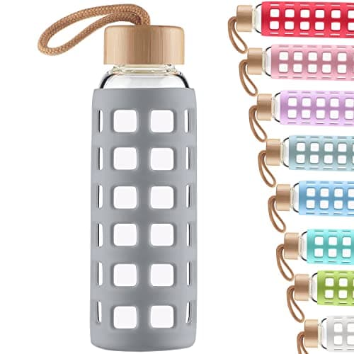 Image of Cleesmil Sports Glass Water Bottle with Silicone Sleeve with Bamboo Lid BPA Free 360 ml （Grey