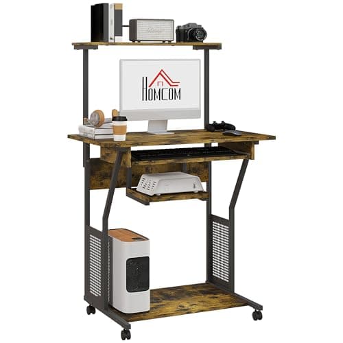 Image of HOMCOM Mobile Computer Desk with Keyboard Tray, Rolling Study Table with Storage Shelves and Wheels, Industrial Writing Desk for Home Office, 80 x 50 x 130cm, Rustic Brown