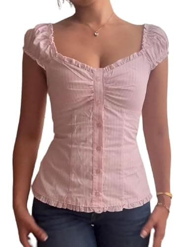 Image of Acrawnni Women Y2K Fairy Button Up Shirt Puff Short Sleeve Ruffle Hem Peplum Blouse Top Vintage Preppy Aesthetic Slim Fit Going Out Streetwear (A-Pink, M)