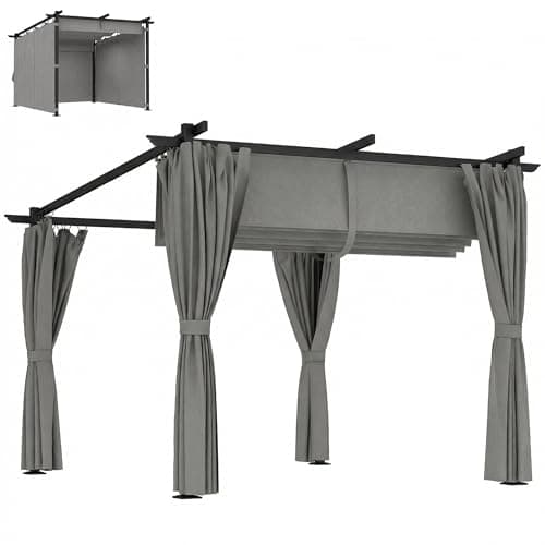 Image of Outsunny 3 x 3 m Lean to Pergola with Retractable Canopy Roof and Sidewalls, Metal Pergola Garden Gazebo UPF30+ Sun Shade Shelter for Outdoor, Patio, Deck, Light Grey