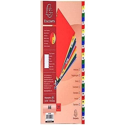 Image of Exacompta - Ref 93E - PP Printed Indices - For Use With A4 Documents, 0.1mm Polypropylene, Pre-Punched, Soft & Tear Resistant - 31 Divider Parts (1-31) - White With Coloured Tabs