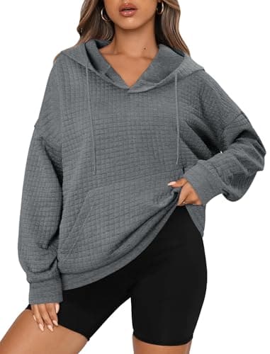 Image of Magritta Hoodies Women Tunic Tops Oversized Casual Plain Ladies Sweatshirts Long Sleeve Plus Size Jumpers Waffle Fall Winter Sweater with Pocket Grey Large, 16-18