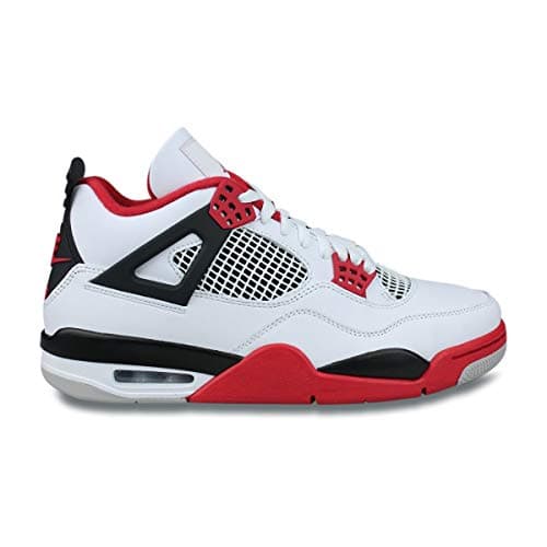 Image of Jordan Unisex Air 4 Retro Leather Synthetic White Fire Red Black Trainers 8 UK