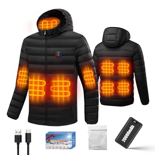 Image of Heated Jacket, 9 Zones & 3 Temperature Levels Usb Heated Down Jacket with 7.4V 20000mAh Power Bank, Upgraded 5 in 1 Heated Gilet Coat for Men Women, Removable Hood, for Outdoor Camping Hiking, L