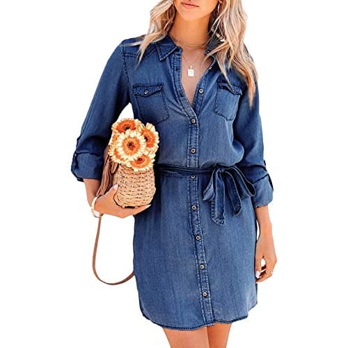 Image of FeMereina Women's Long Sleeve Blouse Jean Dress Denim Shirt Dresses Button Down Chambray Waist Ties Tunic Mini Dress with Pockets (Dark Blue, Medium)