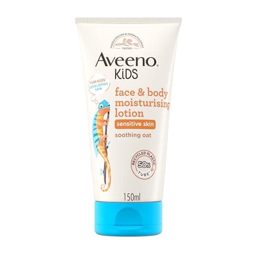 Image of Aveeno Kids Face & Body Moisturising Lotion (1 x 150ml), Non-Greasy and Fragrance-Free Moisturiser Enriched with Soothing Oat, Face and Body Lotion for Kids' Sensitive and Developing Skin