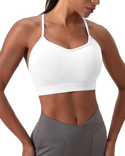 Image of POIHIDE Middle Impact Women Sports Bra Padded Gym Bras Halterneck Activewear Fitness Workout Tops Adjustable Straps Athletic Top Bra for Women White