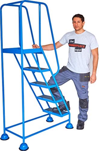 Image of The Workplace Depot Mobile Platform Steps – Heavy-Duty Steel Safety Steps with Handrails & Anti-Skid Treads – 5 Step Ladder for Warehouses, Offices & Garages (5 Tread)
