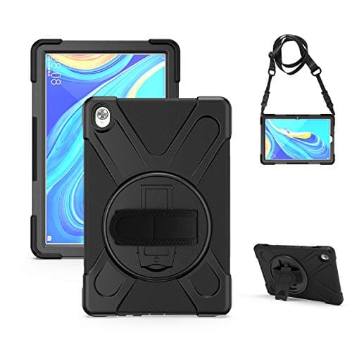 Image of Gerutek Case for Huawei MediaPad M6 10.8 Inch 2019 Tablet,360 Degree Rotation Kickstand/a Hand Strap and Adjust Shoulder Strap Protective Cover for Huawei MediaPad M6 10.8, Black