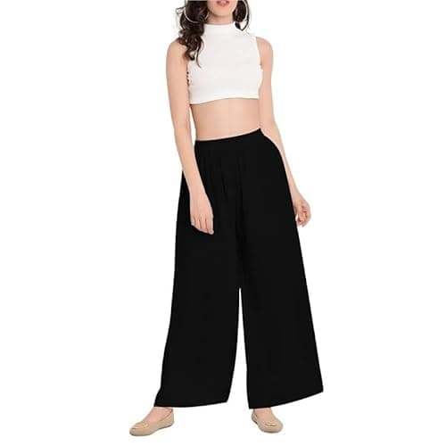 Image of R&N FASHIONS Women Palazzo Pants - Baggy Wide Leg Flared Trousers – Elasticated Waist, Yoga & Workout Pants, Lounge Joggers (Black, 8-10)